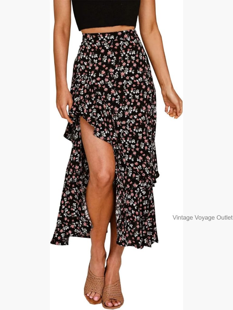 Maxi Skirt Floral Print High Low Ruffle Split Elastic Waist Bohemian